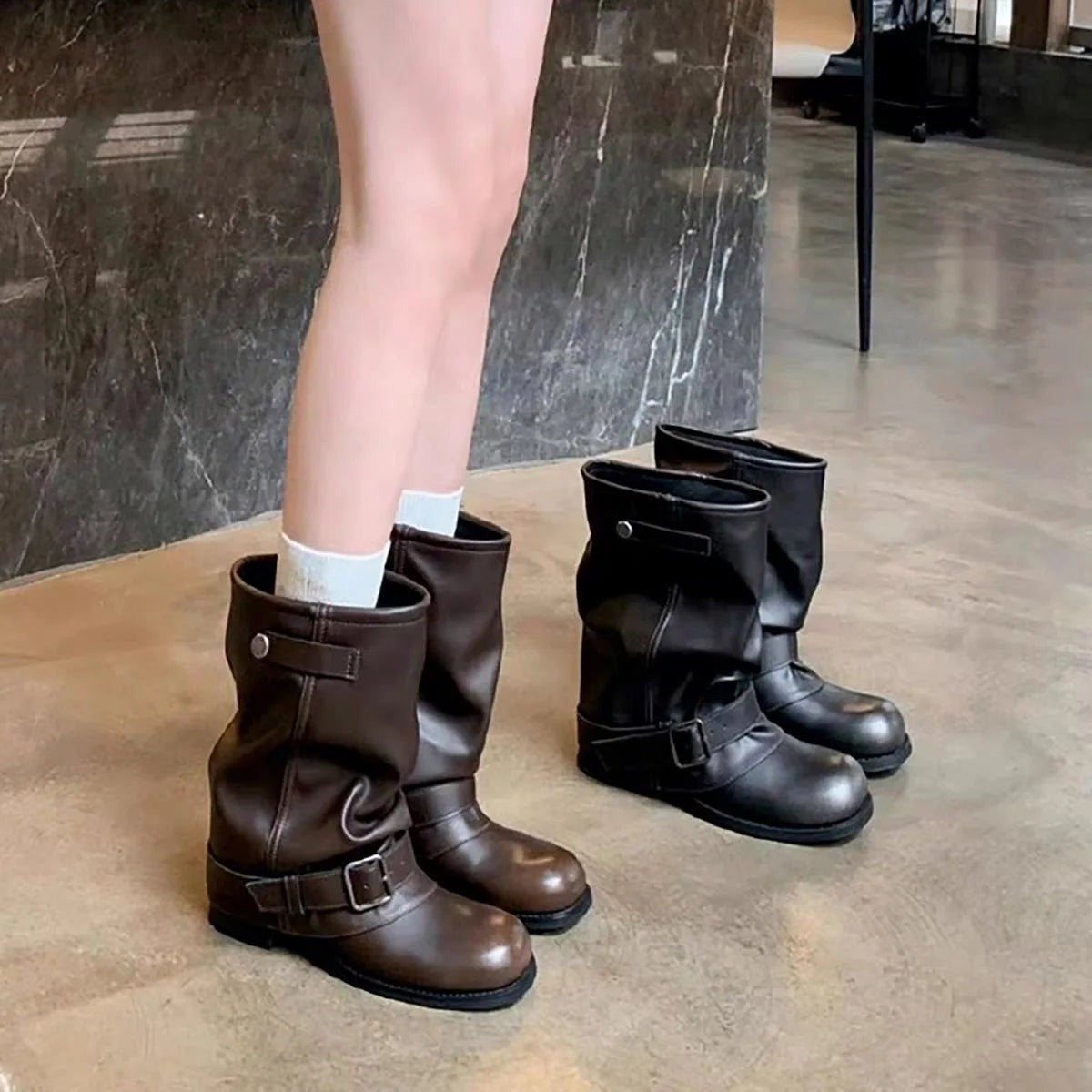 Bottes Motardes Femme Mi-Mollet Similicuir, Sangle à Boucle, vue 3