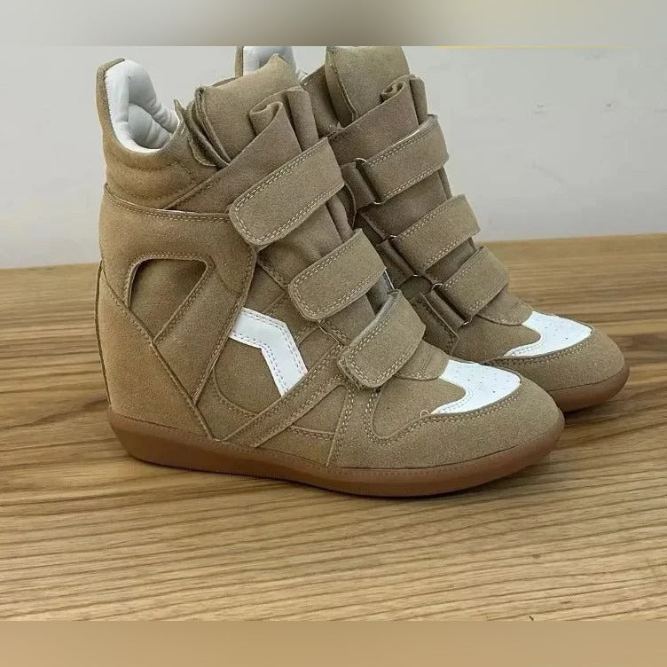 Bottines Compensées Femme Style Baskets, Croûte de Cuir – coloris kaki
