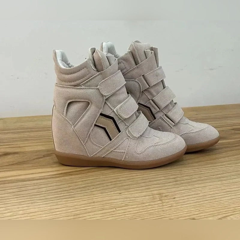 Bottines Compensées Femme Style Baskets, Croûte de Cuir – coloris gris rosé