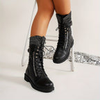 Bottes à Lacets Femme Matelassées, Similicuir, Col Tricot, vue 3