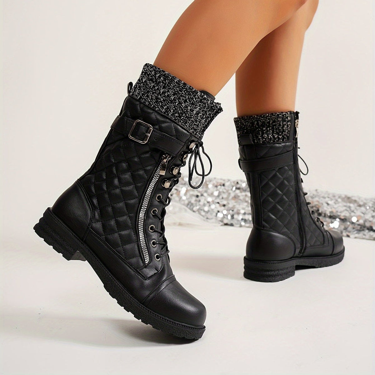 Bottes à Lacets Femme Matelassées, Similicuir, Col Tricot, vue 4