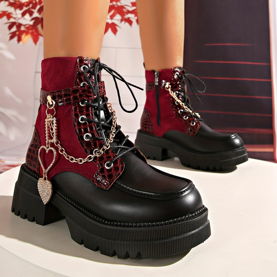 Bottes à Lacets Femme Similicuir Bordeaux et Noir, Chaîne Cœur
