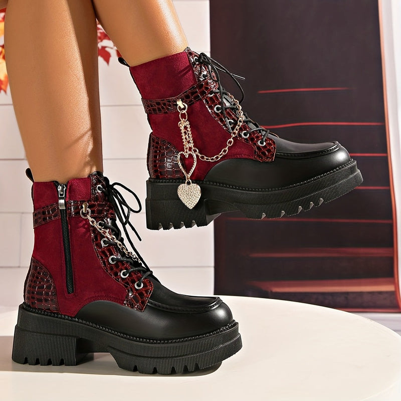 Bottes à Lacets Femme Similicuir Bordeaux et Noir, Chaîne Cœur, vue 2