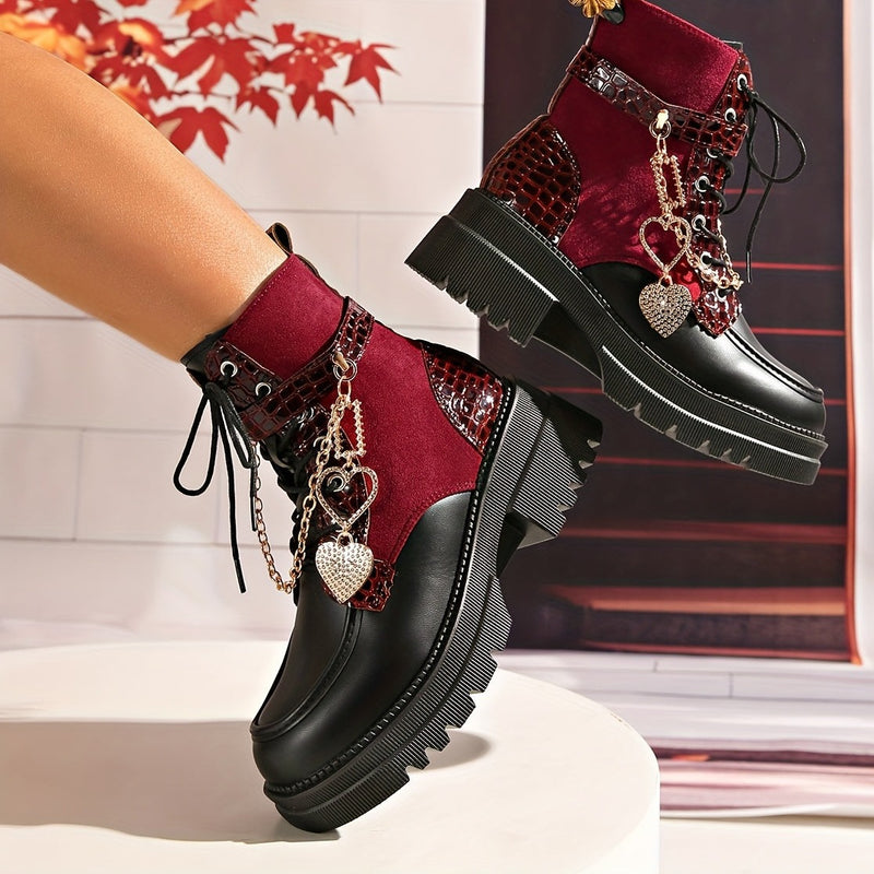 Bottes à Lacets Femme Similicuir Bordeaux et Noir, Chaîne Cœur, vue 3