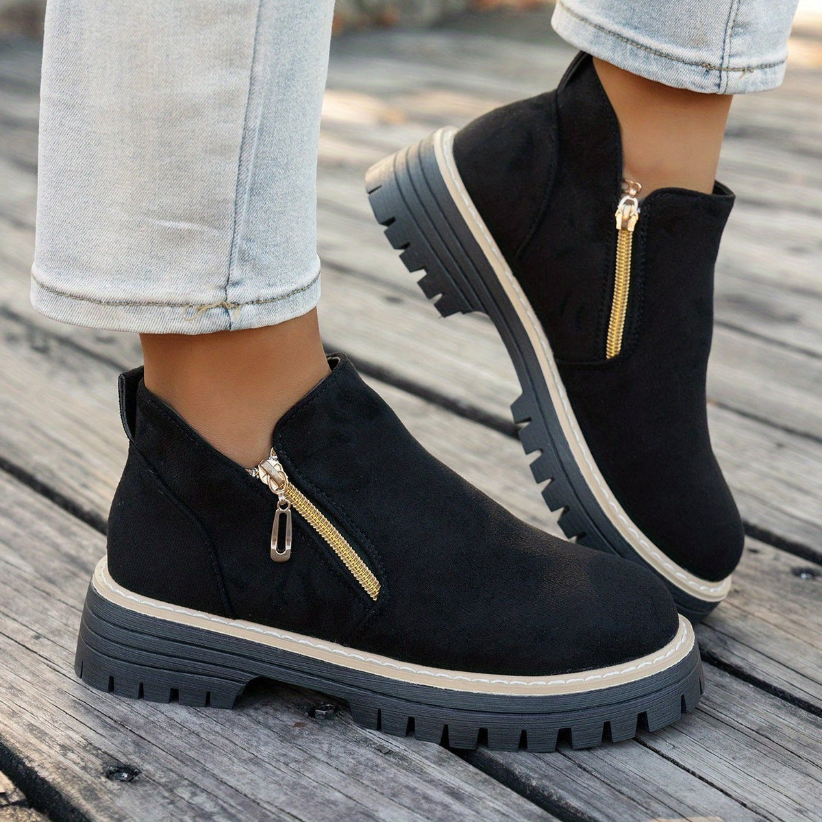 Bottines Femme Aspect Daim, Double Zip, Semelle Crantée, vue 4
