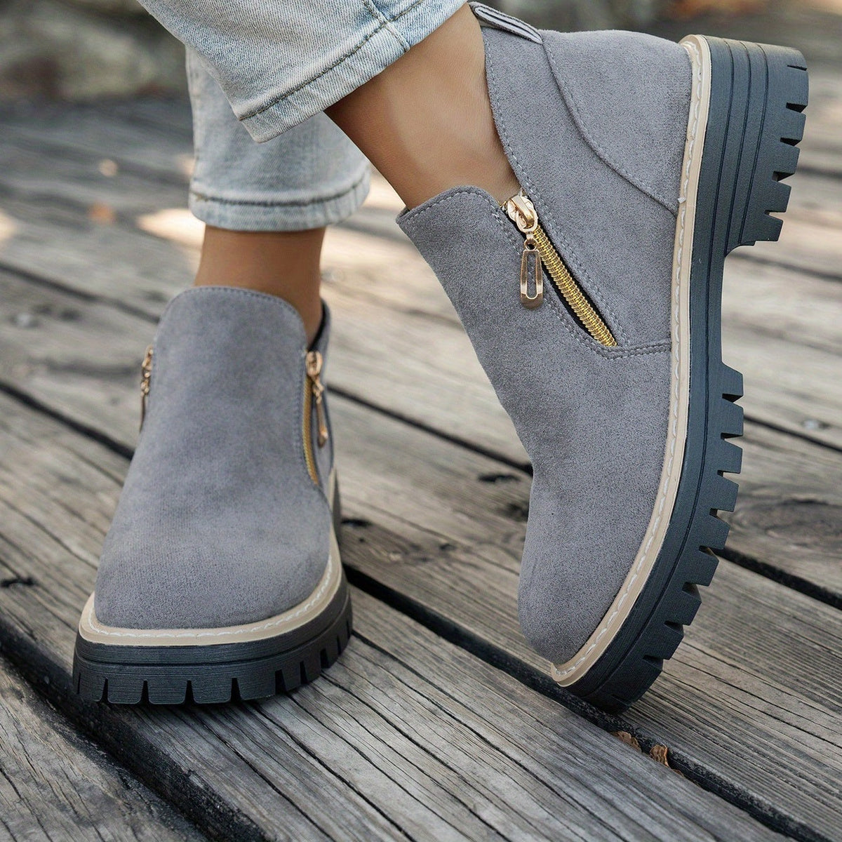 Bottines Femme Aspect Daim, Double Zip, Semelle Crantée, vue 6