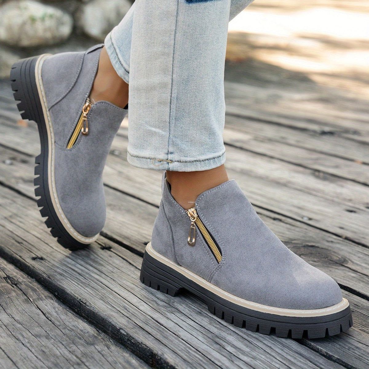 Bottines Femme Aspect Daim, Double Zip, Semelle Crantée, vue 7