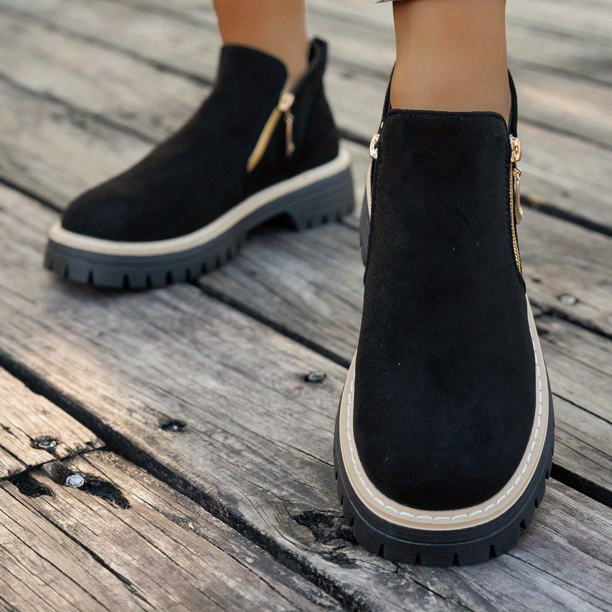 Bottines Femme Aspect Daim, Double Zip, Semelle Crantée, vue 3