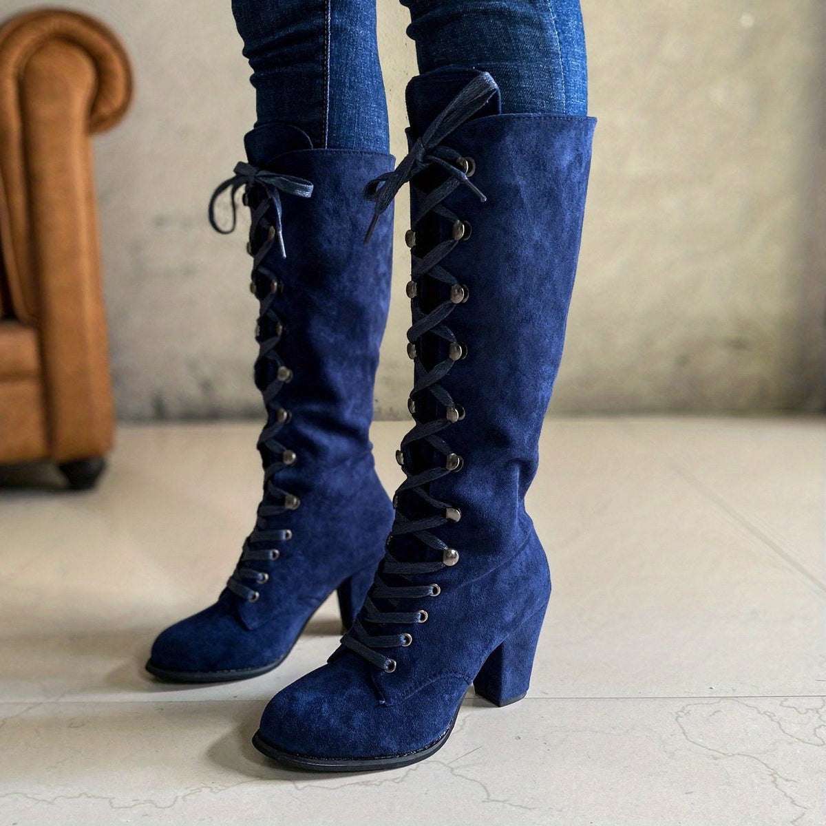 Bottes Hautes Femme à Lacets, Talon Bloc