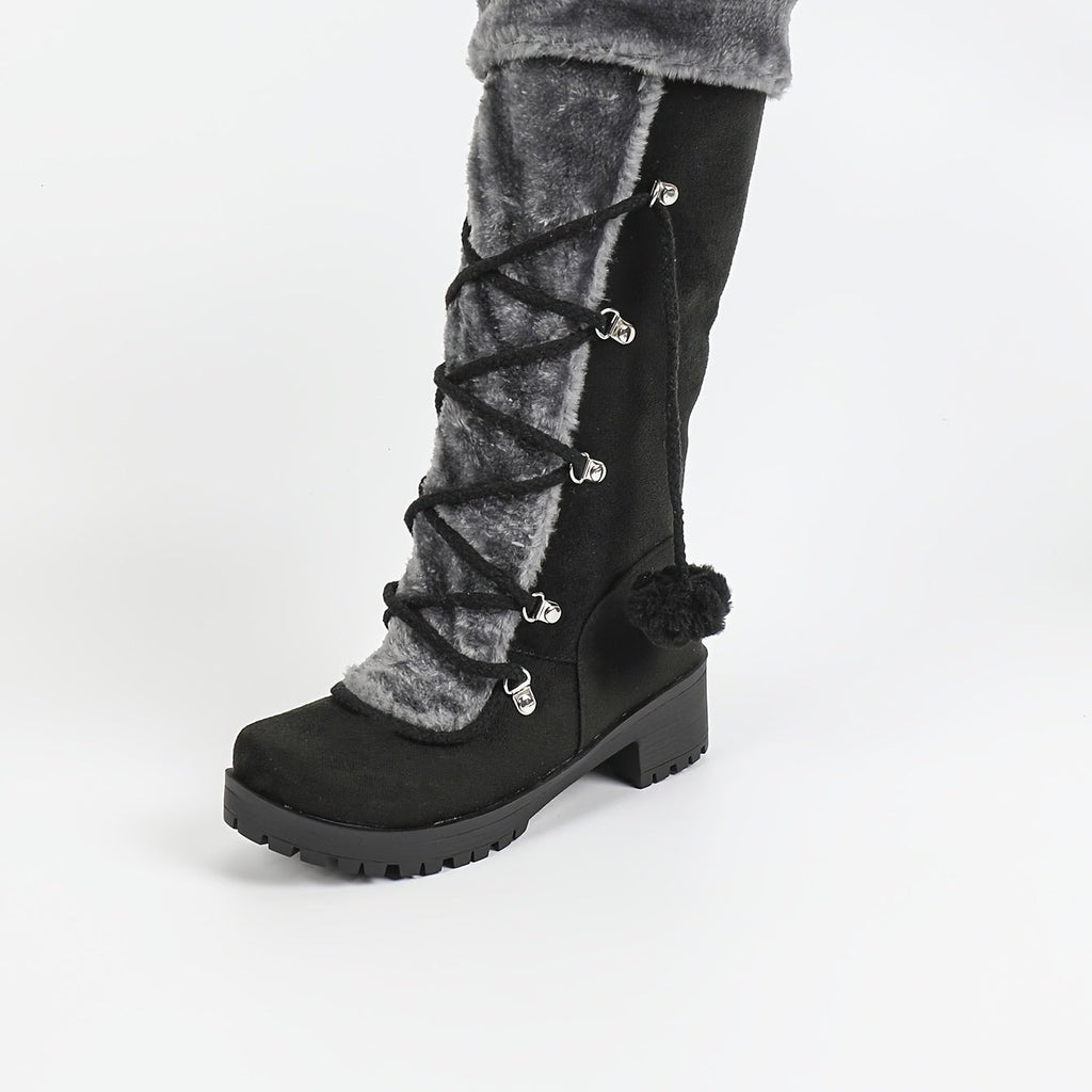 Bottes Femme Hautes à Lacets, Fourrure et Pompon