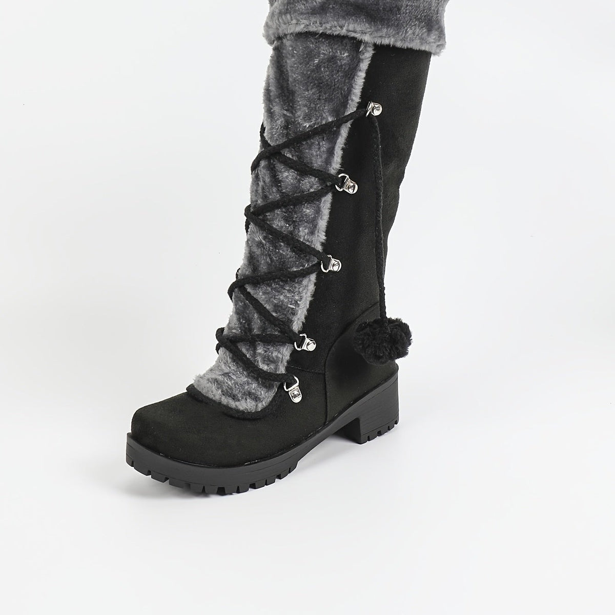 Bottes Femme Hautes à Lacets, Fourrure et Pompon