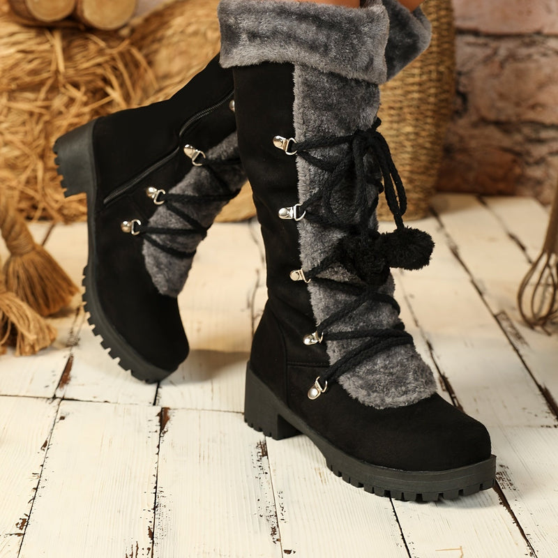 Bottes Femme Hautes à Lacets, Fourrure et Pompon, vue 2