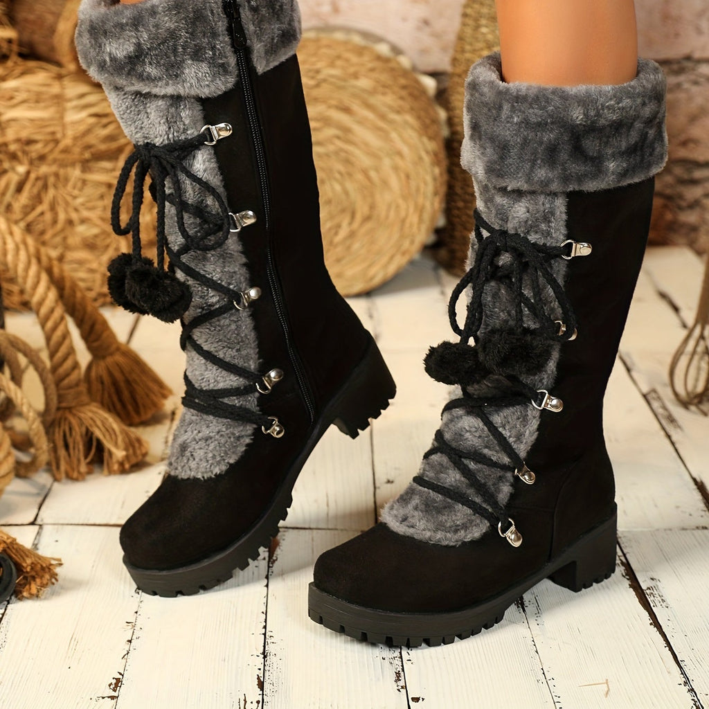 Bottes Femme Hautes à Lacets, Fourrure et Pompon, vue 3