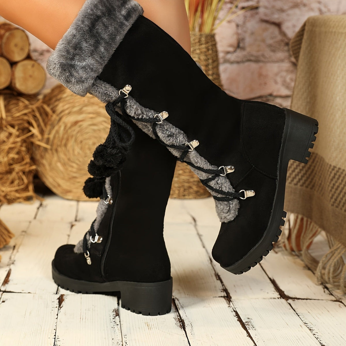 Bottes Femme Hautes à Lacets, Fourrure et Pompon, vue 5