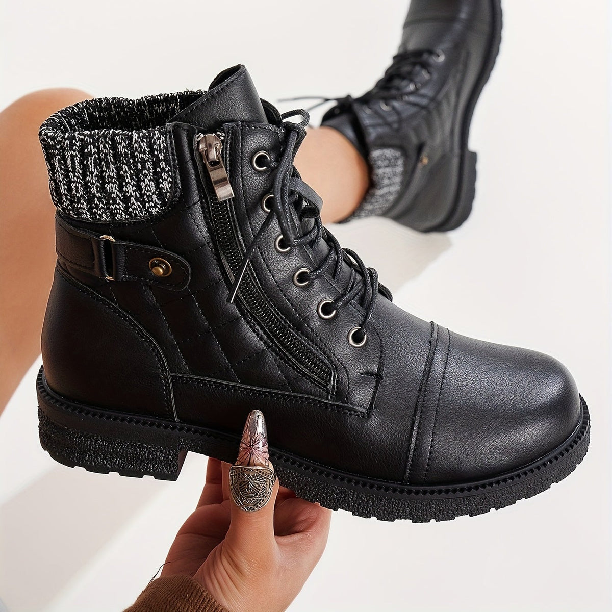 Bottes Femme Western Similicuir, Col Tricoté