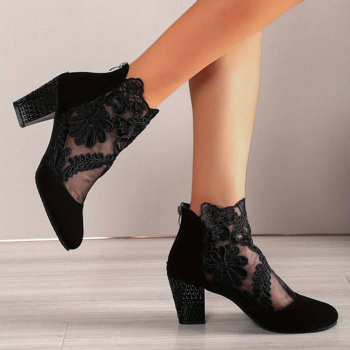 Bottines Femme Dentelle Florale sur Résille, vue 2