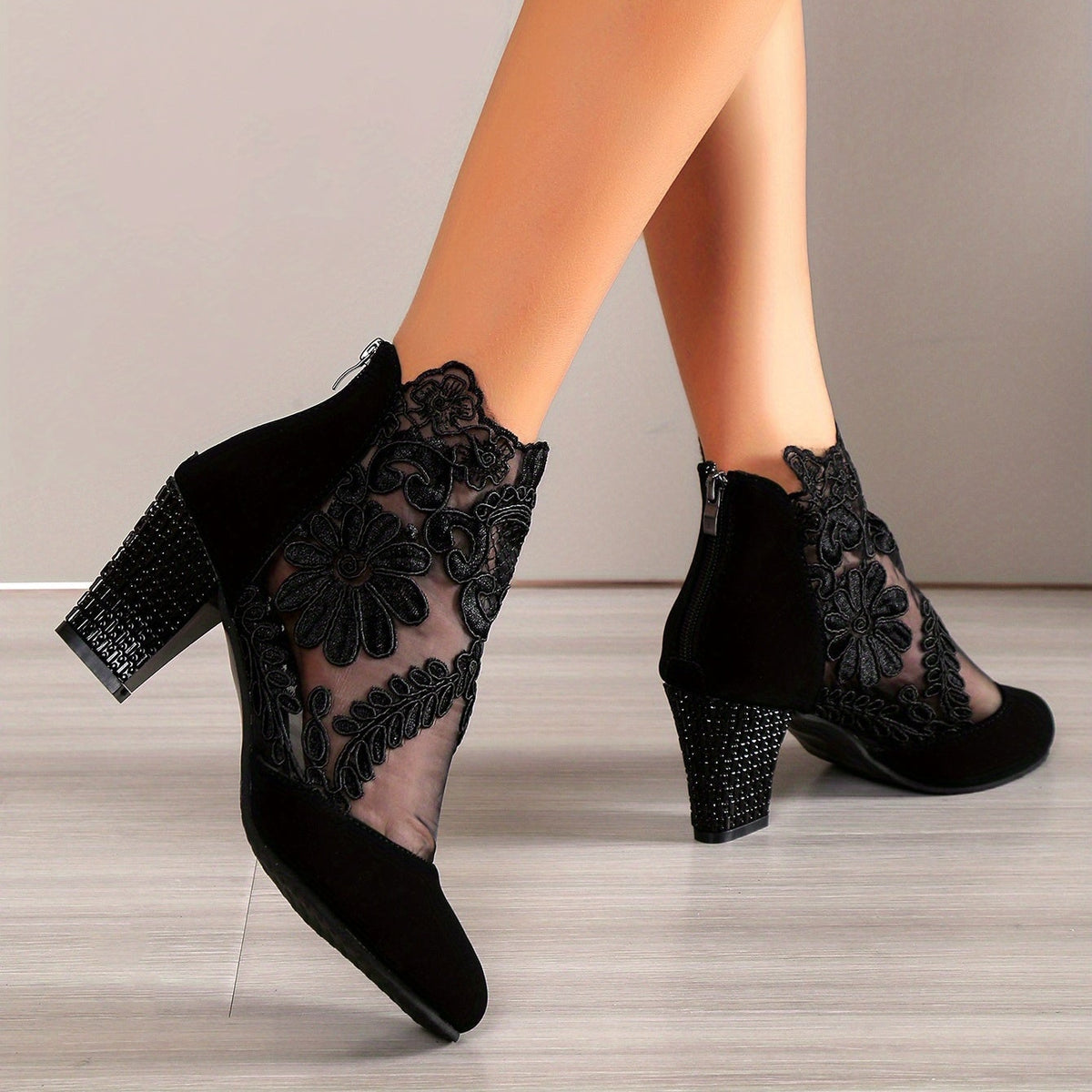 Bottines Femme Dentelle Florale sur Résille, vue 3