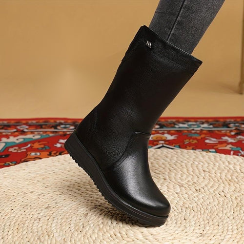 Bottes fourrées femme mi-mollet en similicuir noir, fermeture éclair latérale