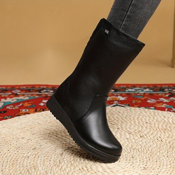 Bottes fourrées femme mi-mollet en similicuir noir, fermeture éclair latérale