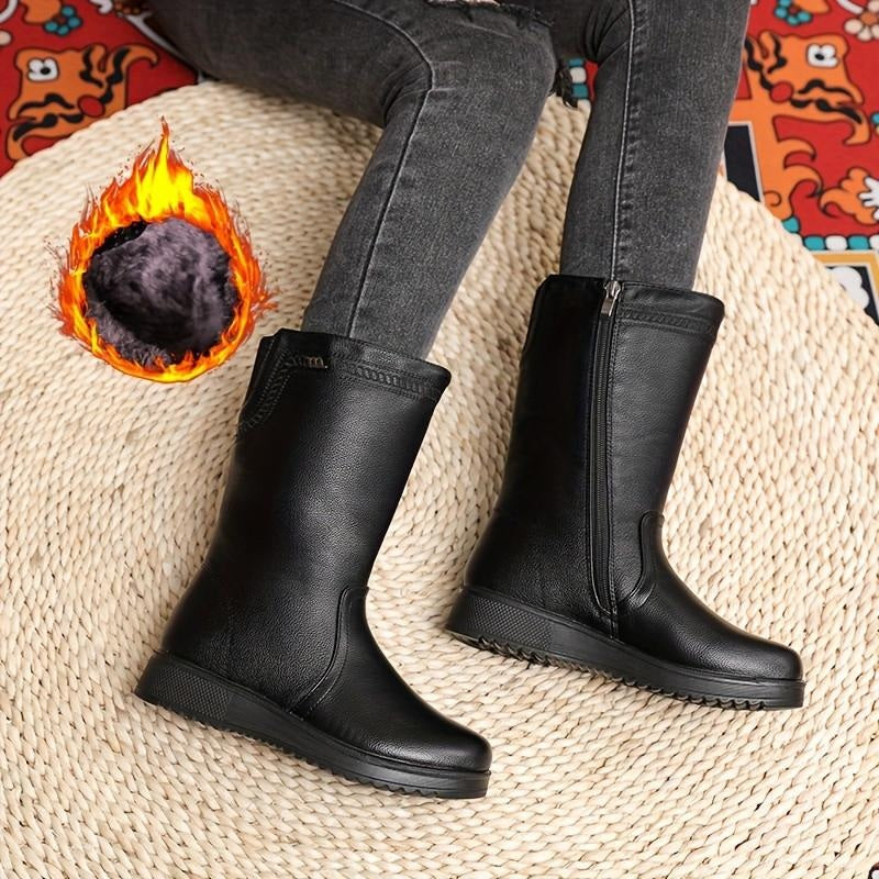 Bottes fourrées femme mi-mollet en similicuir noir, fermeture éclair latérale