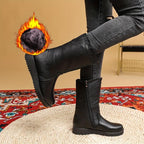 Bottes fourrées femme mi-mollet en similicuir noir, fermeture éclair latérale