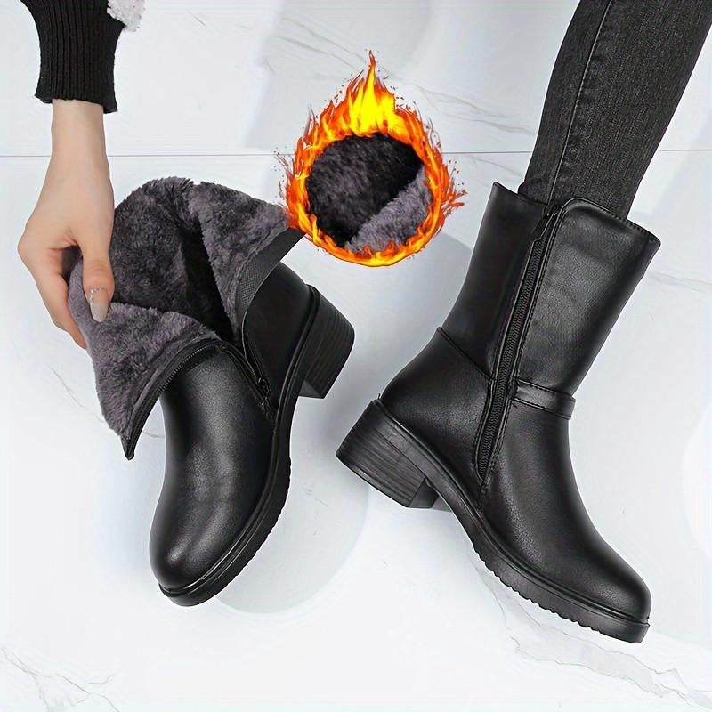 Bottes mi-mollet femme chelsea en similicuir noir, talon bloc