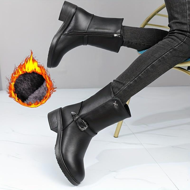 Bottes mi-mollet femme chelsea en similicuir noir, talon bloc