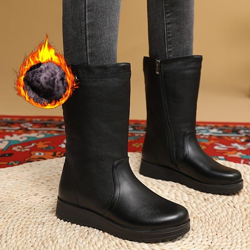 Bottes fourrées femme mi-mollet en similicuir noir, fermeture éclair latérale