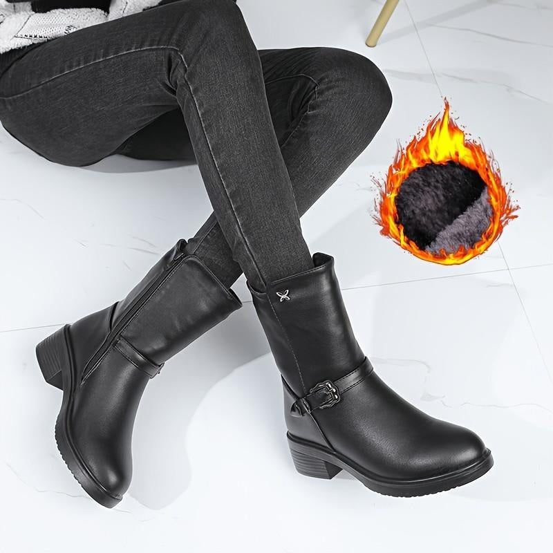 Bottes mi-mollet femme chelsea en similicuir noir, talon bloc