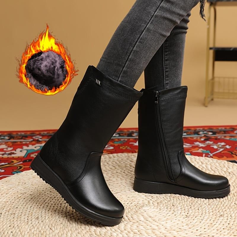 Bottes fourrées femme mi-mollet en similicuir noir, fermeture éclair latérale