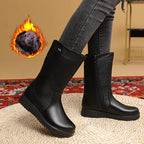 Bottes fourrées femme mi-mollet en similicuir noir, fermeture éclair latérale