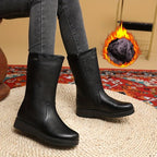 Bottes fourrées femme mi-mollet en similicuir noir, fermeture éclair latérale